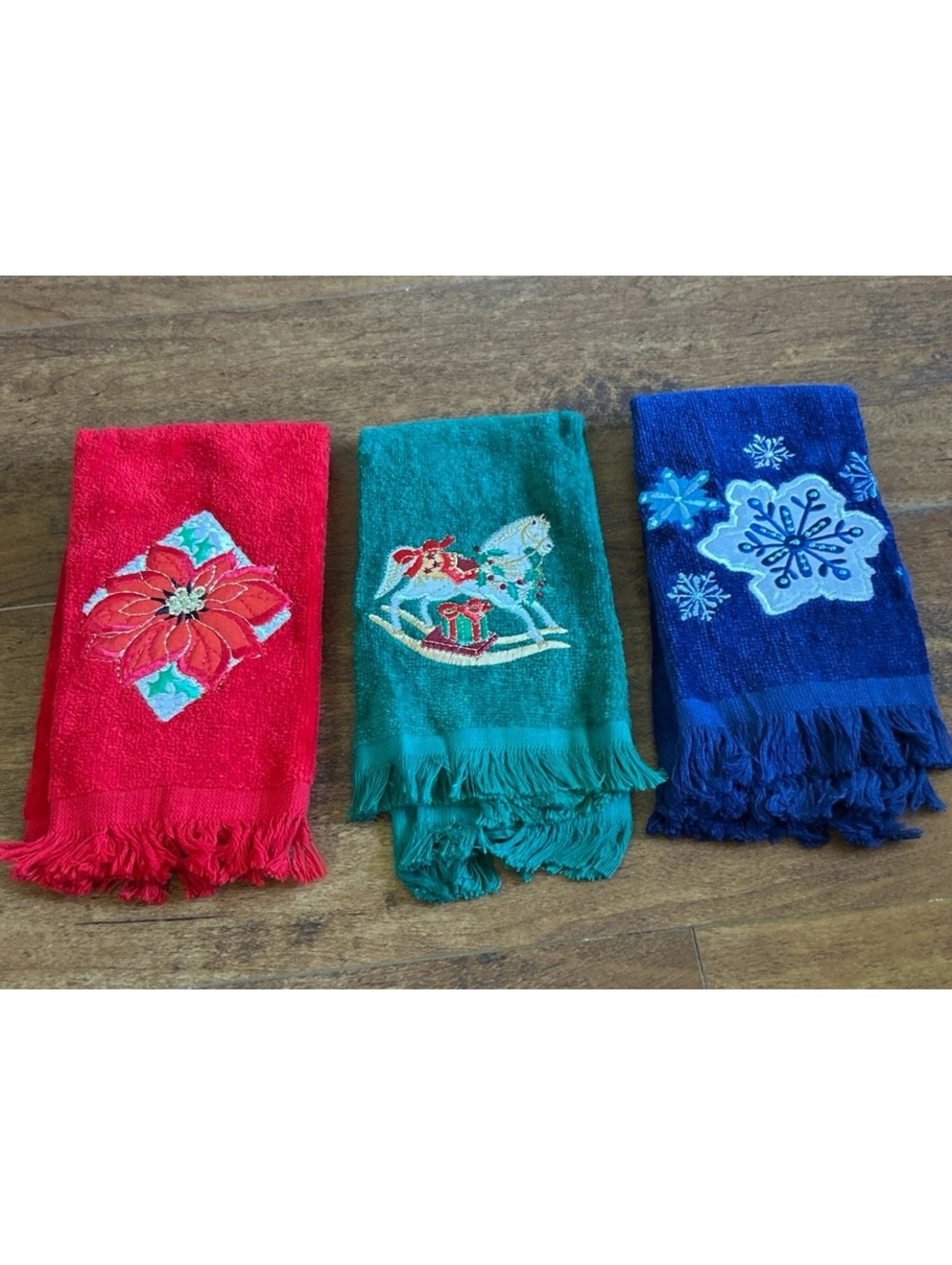 Set of 3 Festive Embroidered Christmas Hand Towels with Fringe